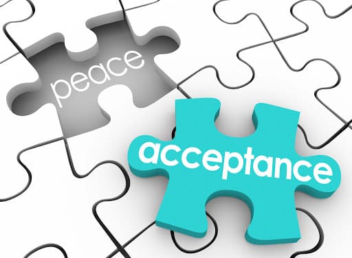 Puzzle pieces labeled acceptance and peace.