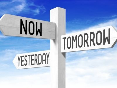 Yesterday, now, and tomorrow signs on a signpost.